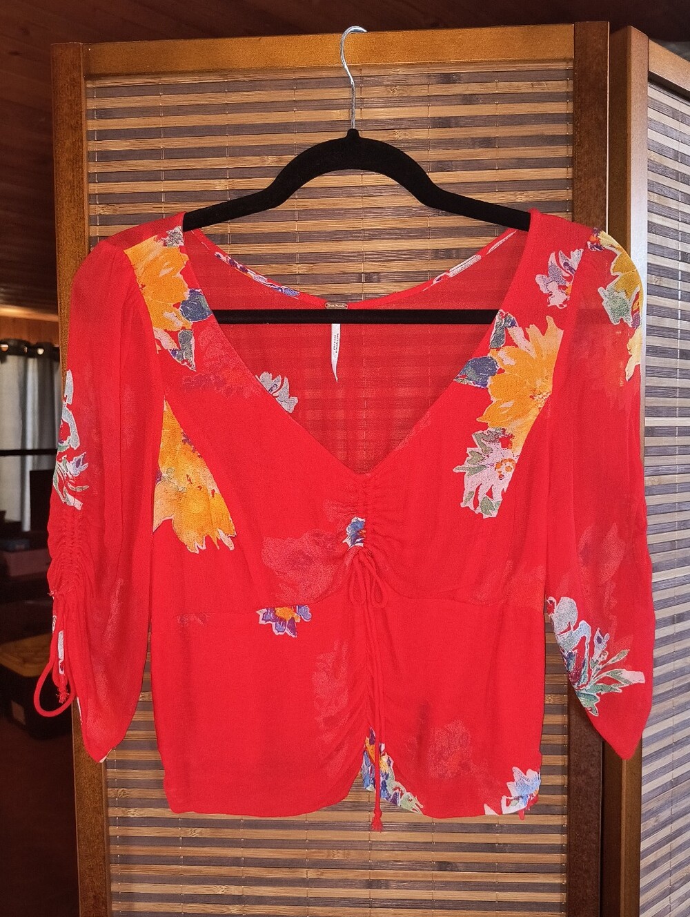 Free People Red Floral V-Neck Tie-Front Blouse